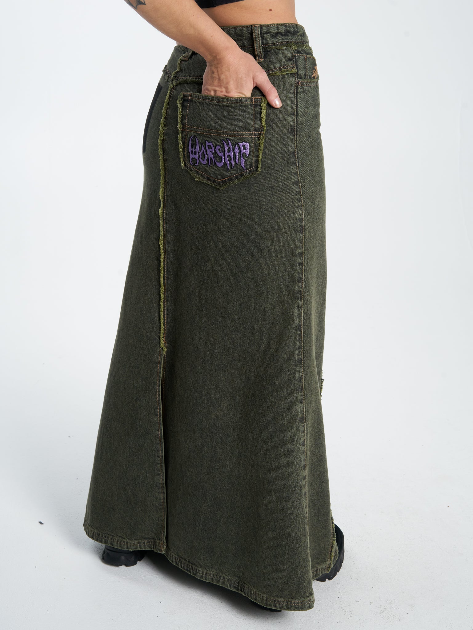 Pond Scum Denim Maxi Skirt - Pond Green Overdye