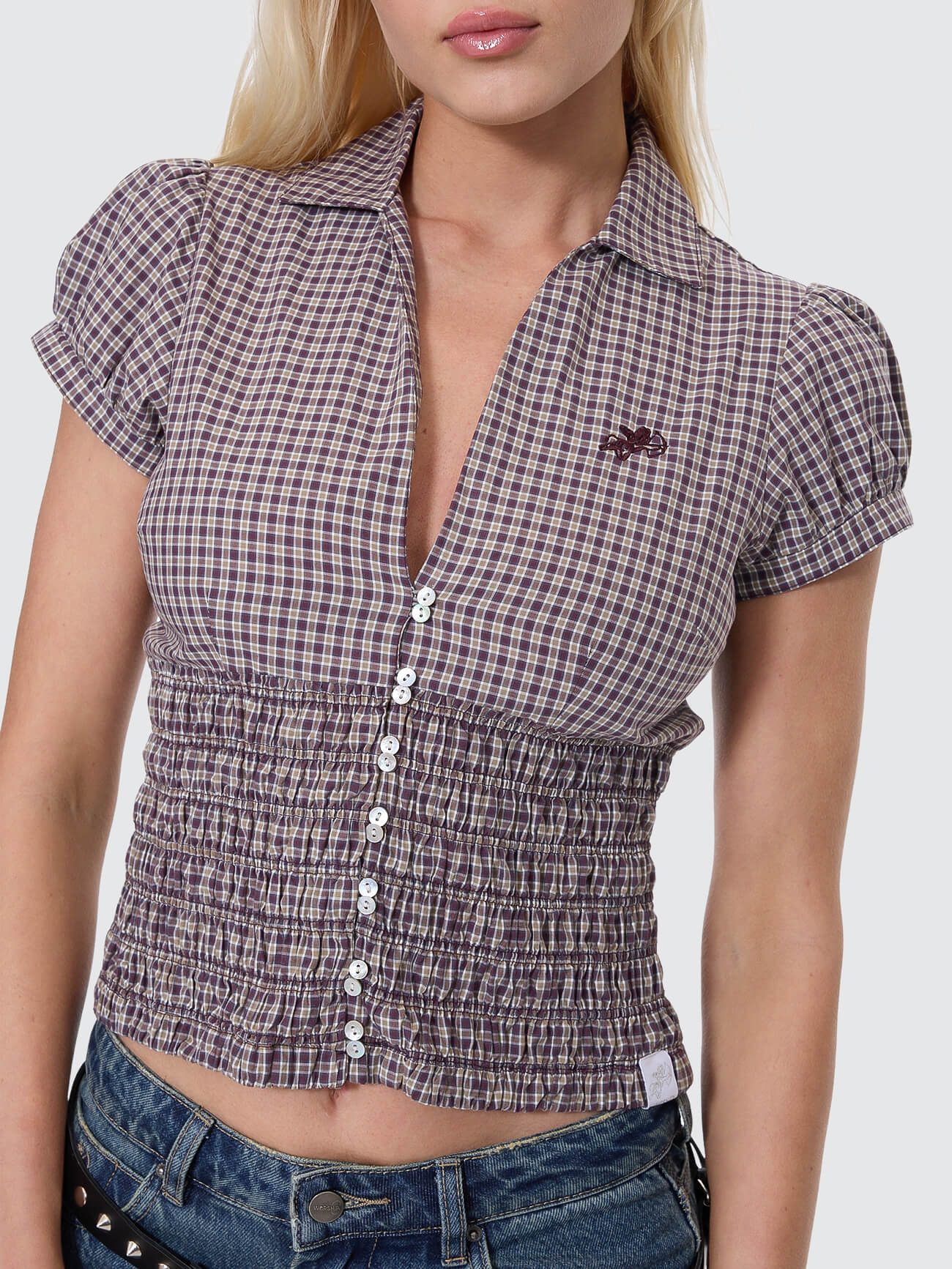 Cheek Shirred Short Sleeve Shirt - Blackberry 4