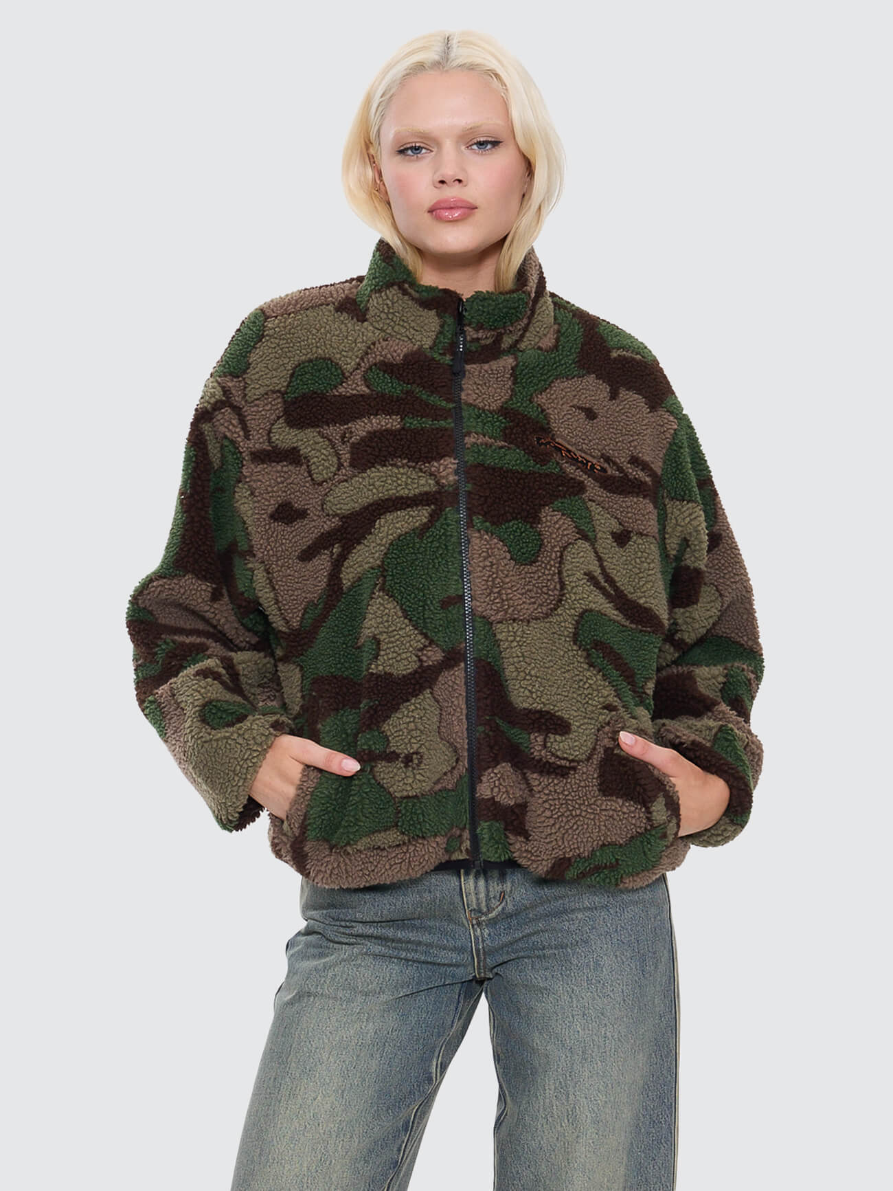 Plain Sight Zip Through Sherpa Fleece - Camo Green 4
