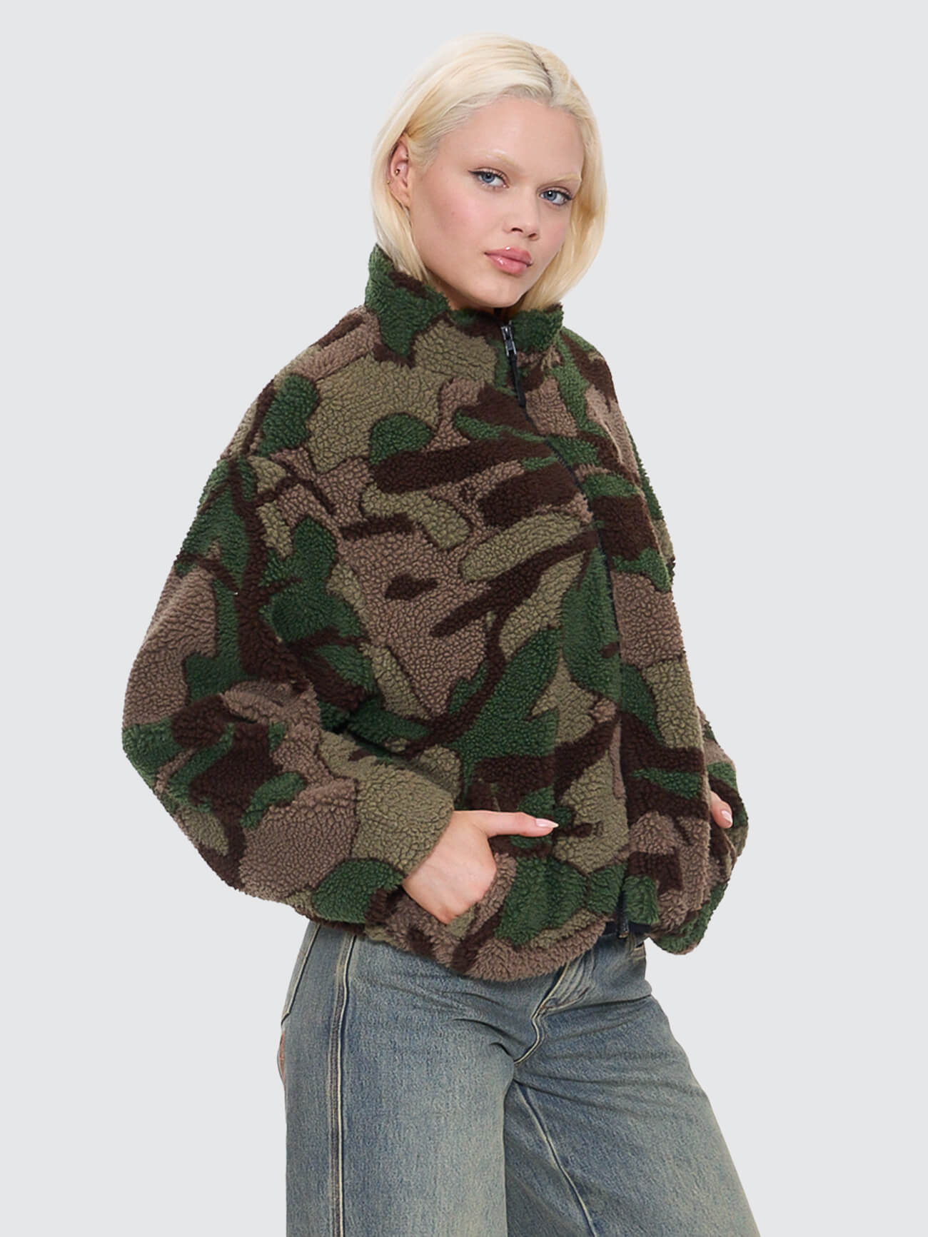 Plain Sight Zip Through Sherpa Fleece - Camo Green 4