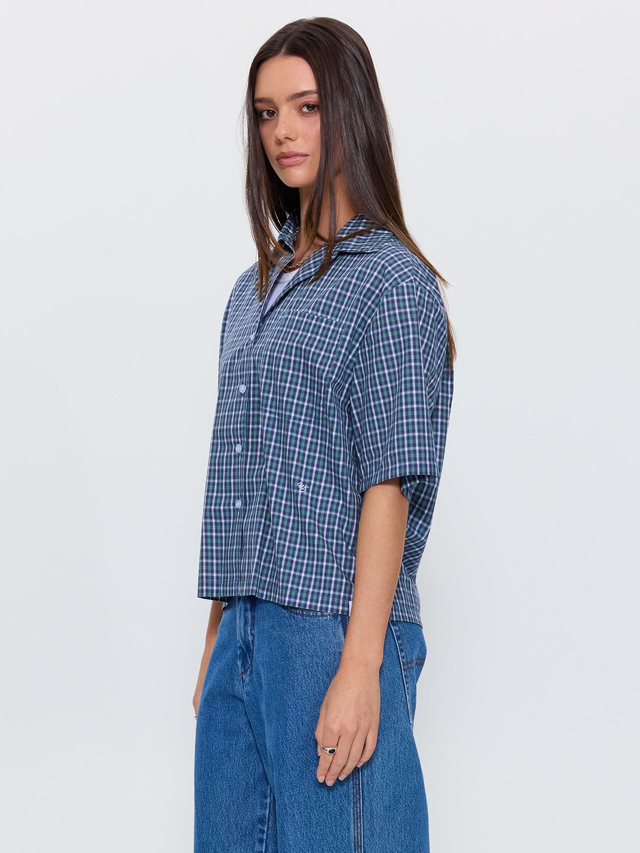 No Show Box Fit Shirt - Blue Green Check