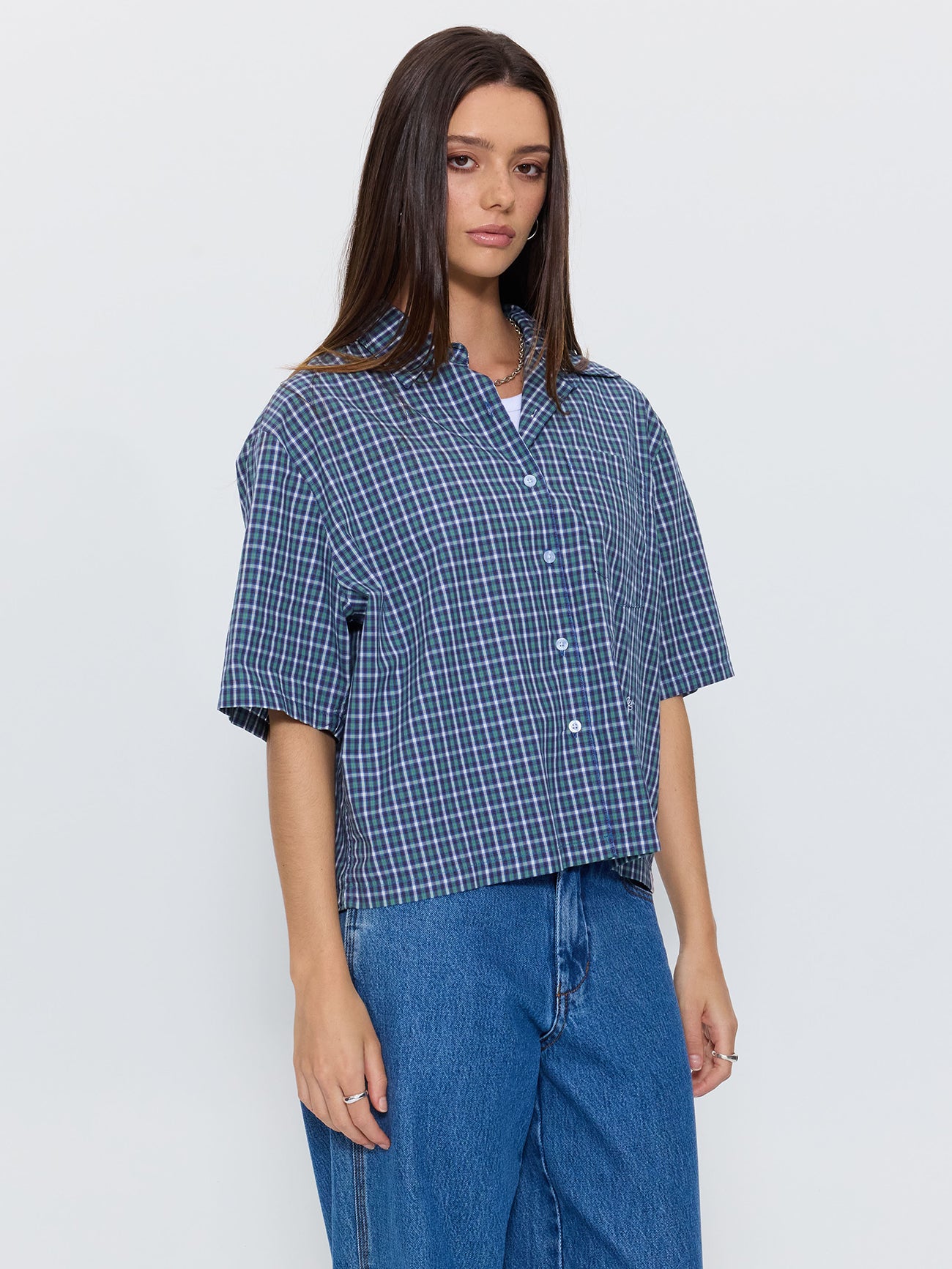 No Show Box Fit Shirt - Blue Green Check
