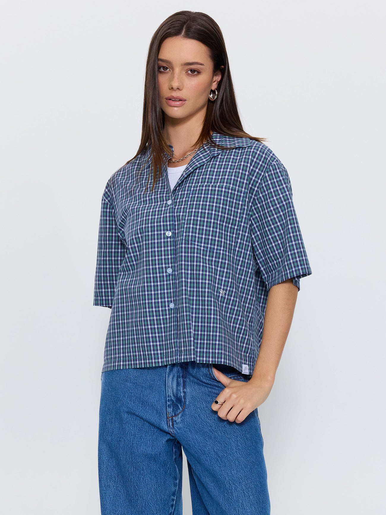 No Show Box Fit Shirt - Blue Green Check