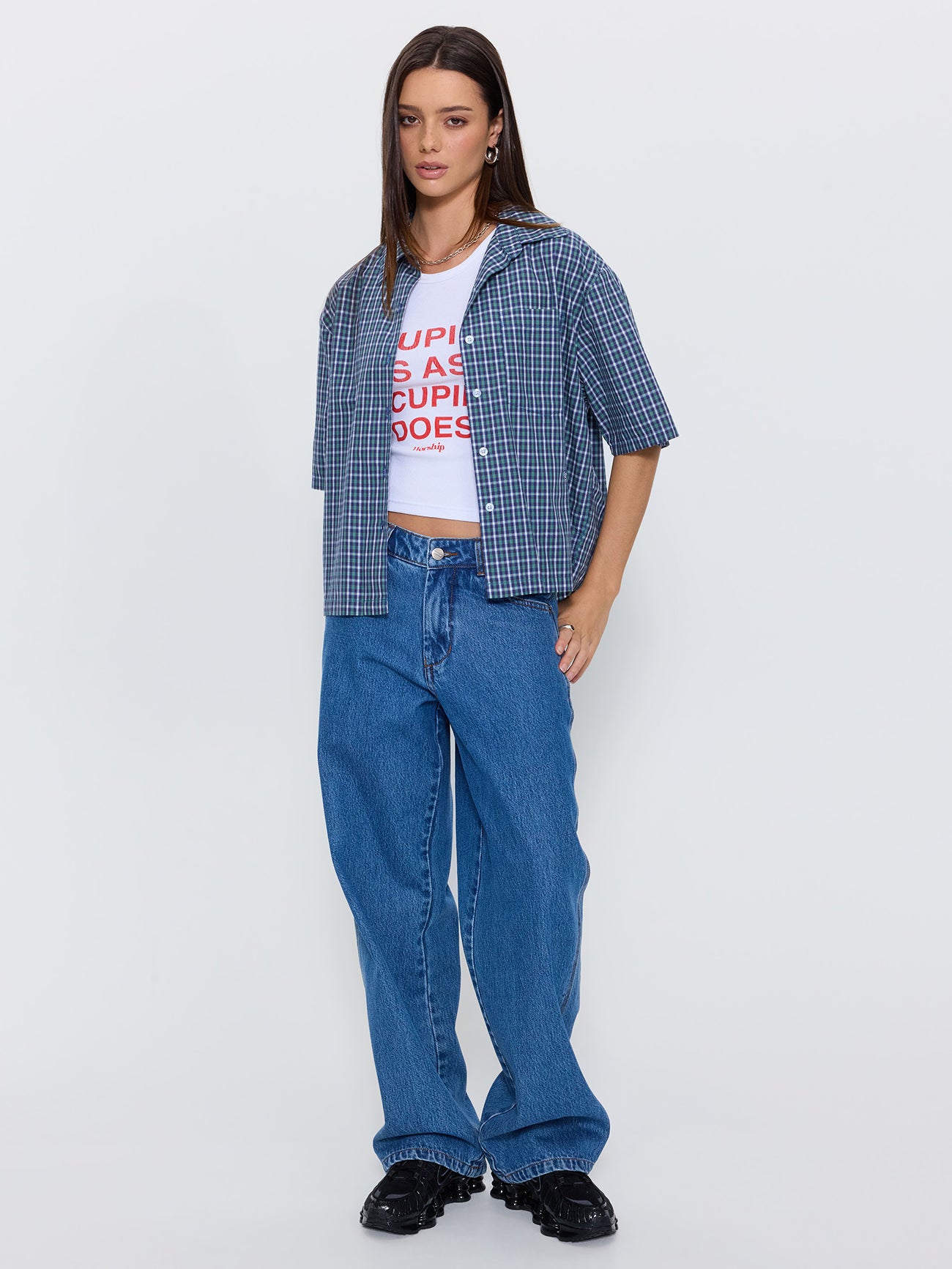 No Show Box Fit Shirt - Blue Green Check