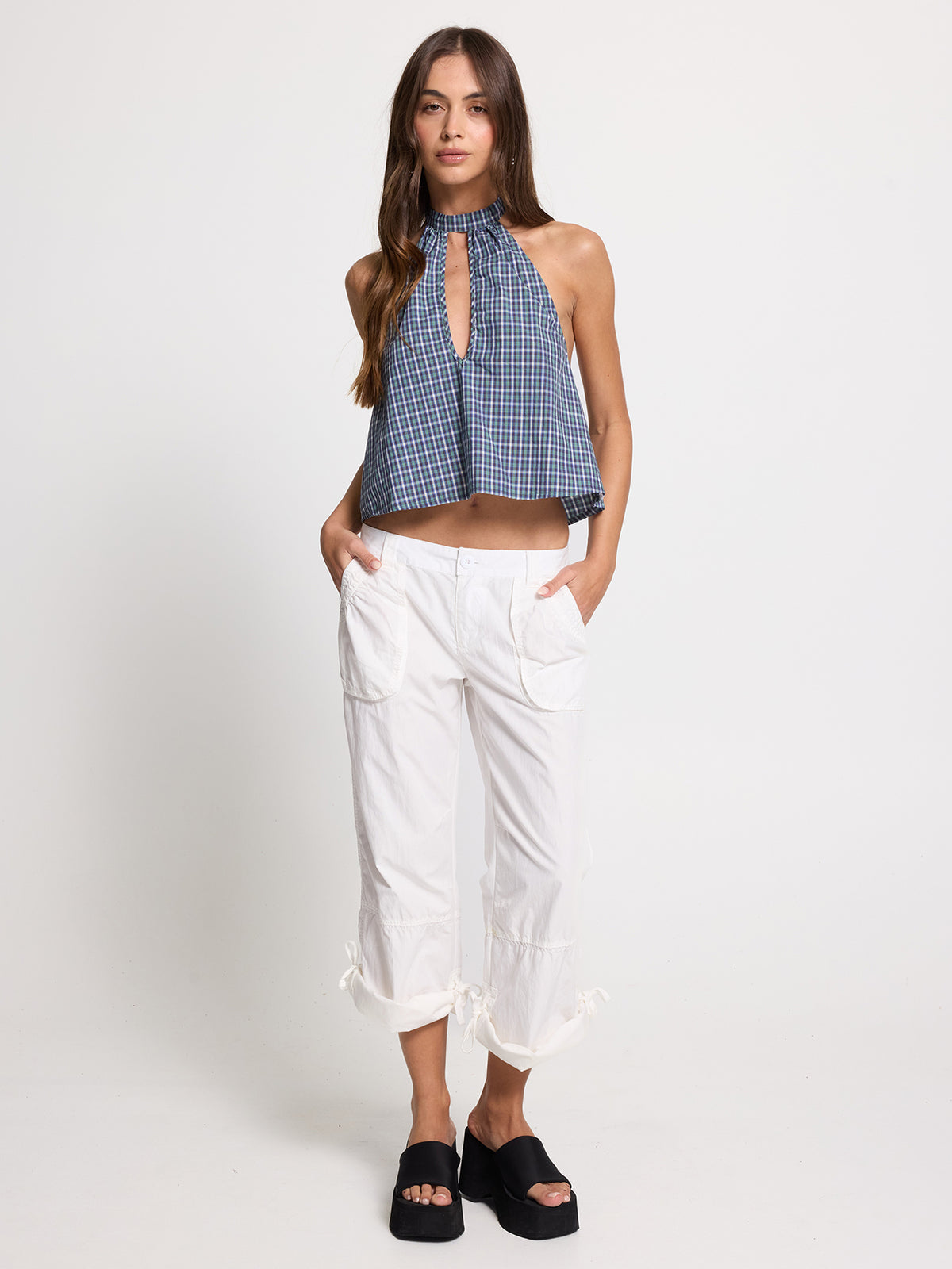 No-Show Keyhole Halter Top - Blue Green Check 4