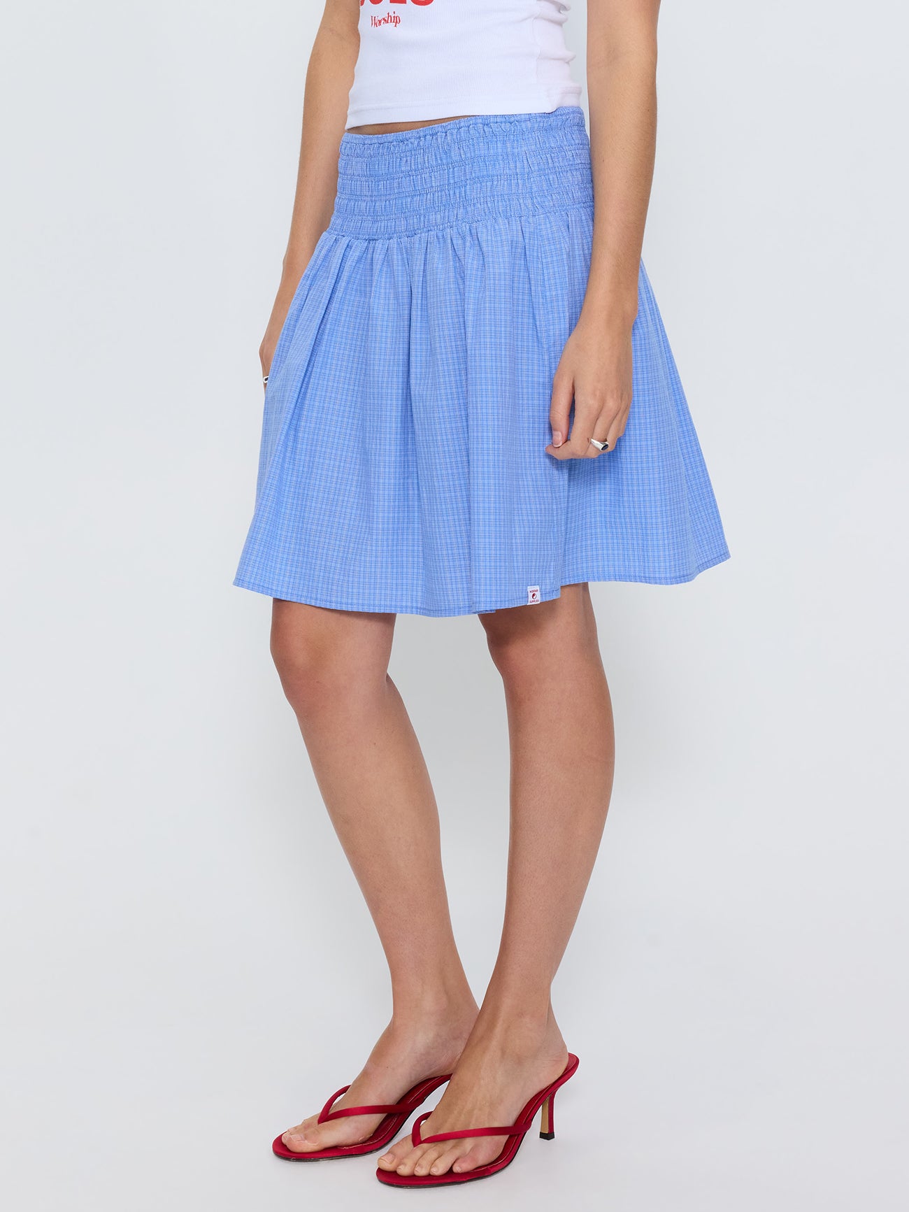 Backchat Shirred Mini Skirt - Blue Check
