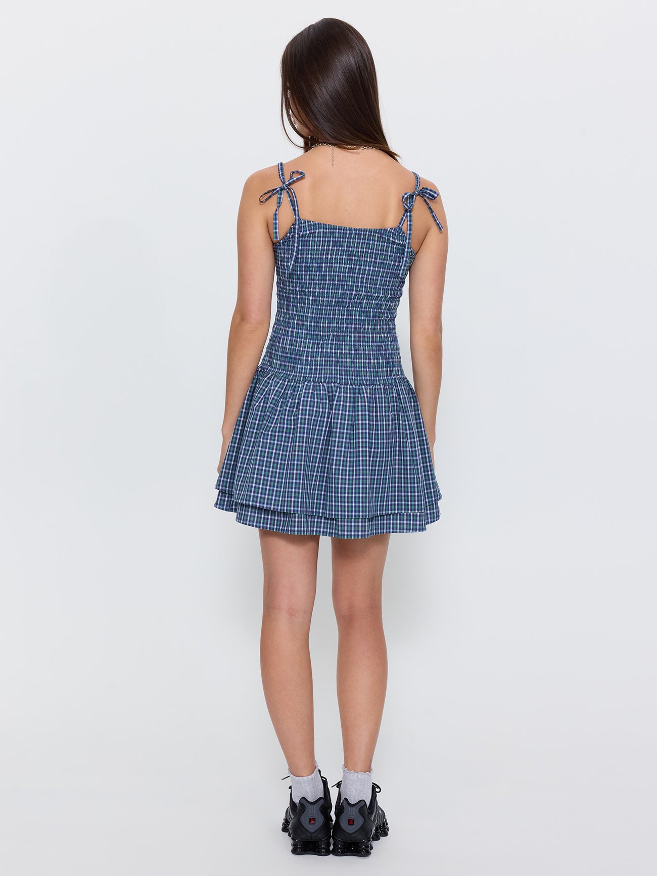 No Show Shirred Mini Dress - Blue Green Check