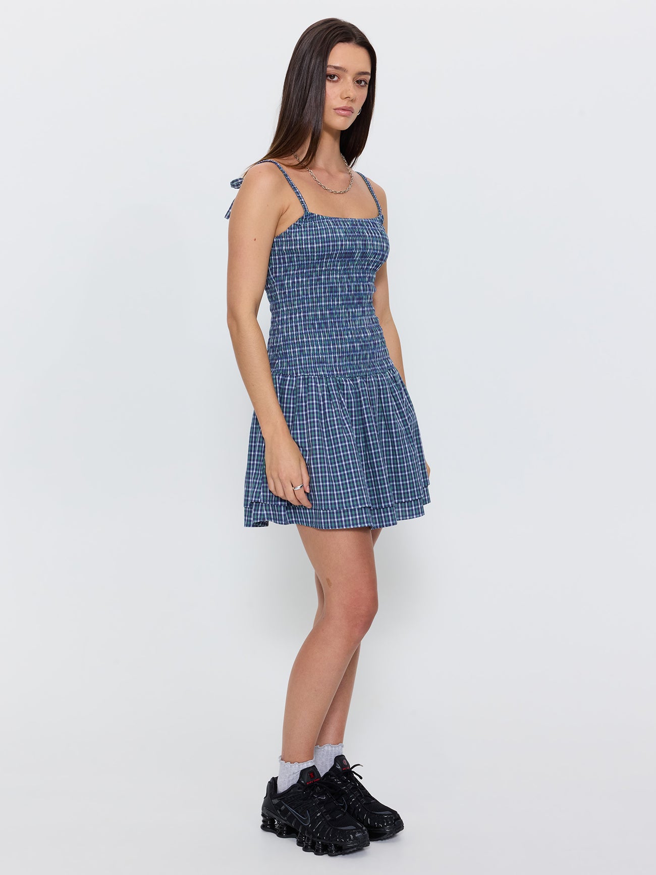 No Show Shirred Mini Dress - Blue Green Check