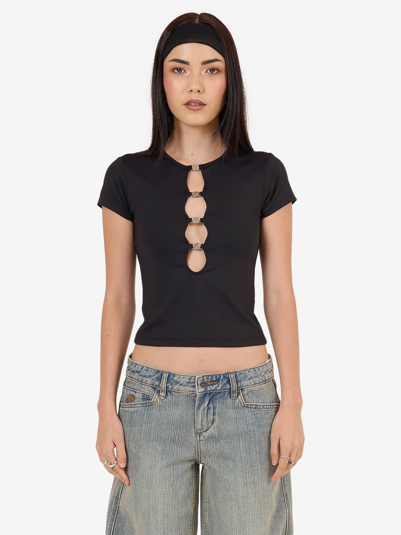 Entice Low Cut Cap Sleeve Top - Black