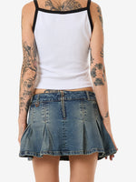 Fast Lane Pleated Denim Mini Skirt - Dirty Mid Blue 4