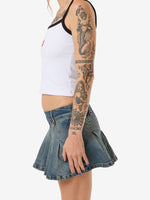 Fast Lane Pleated Denim Mini Skirt - Dirty Mid Blue 4