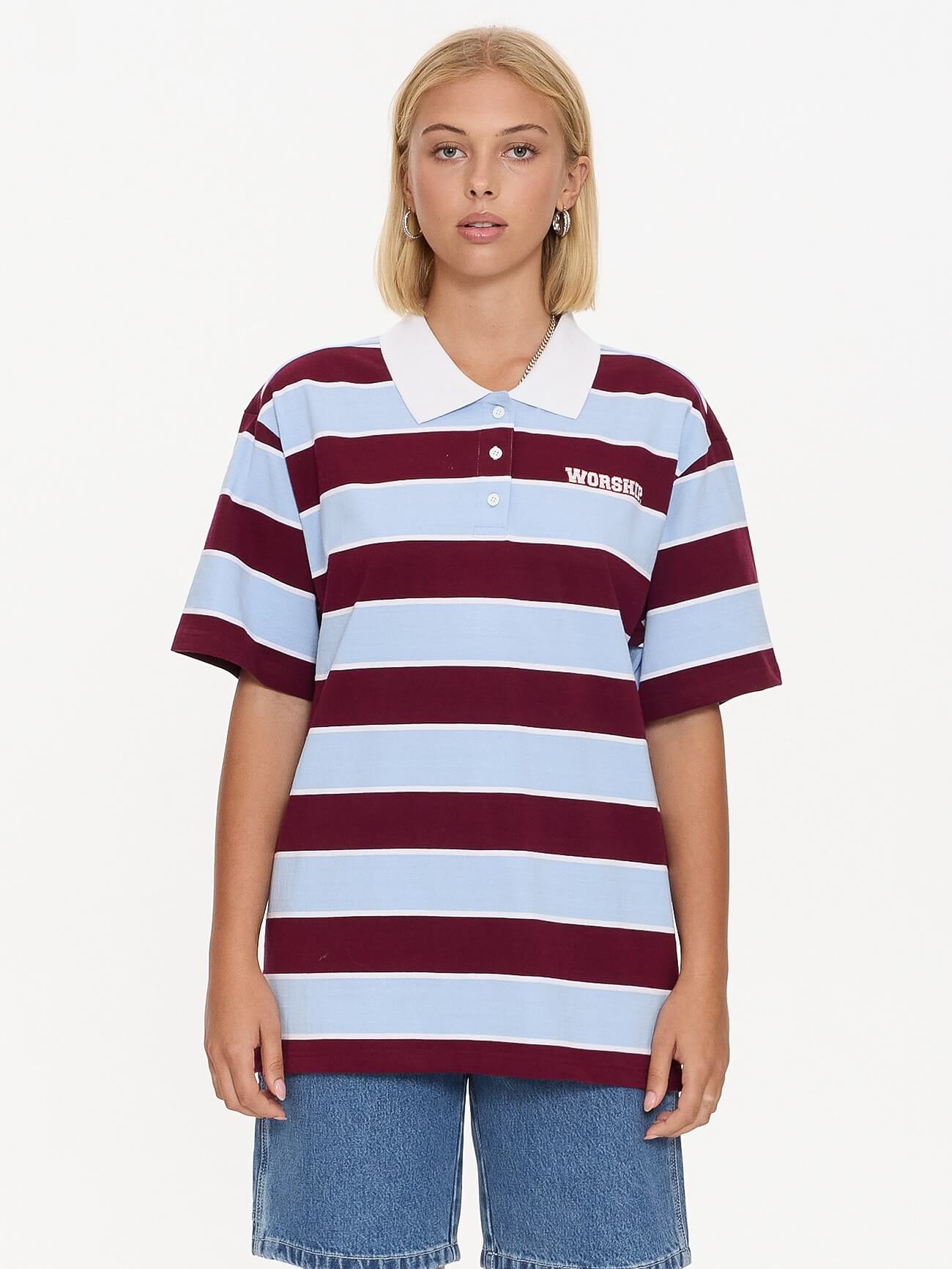 Belter Box Fit Polo - Willow Blue - Deep Cherry 4