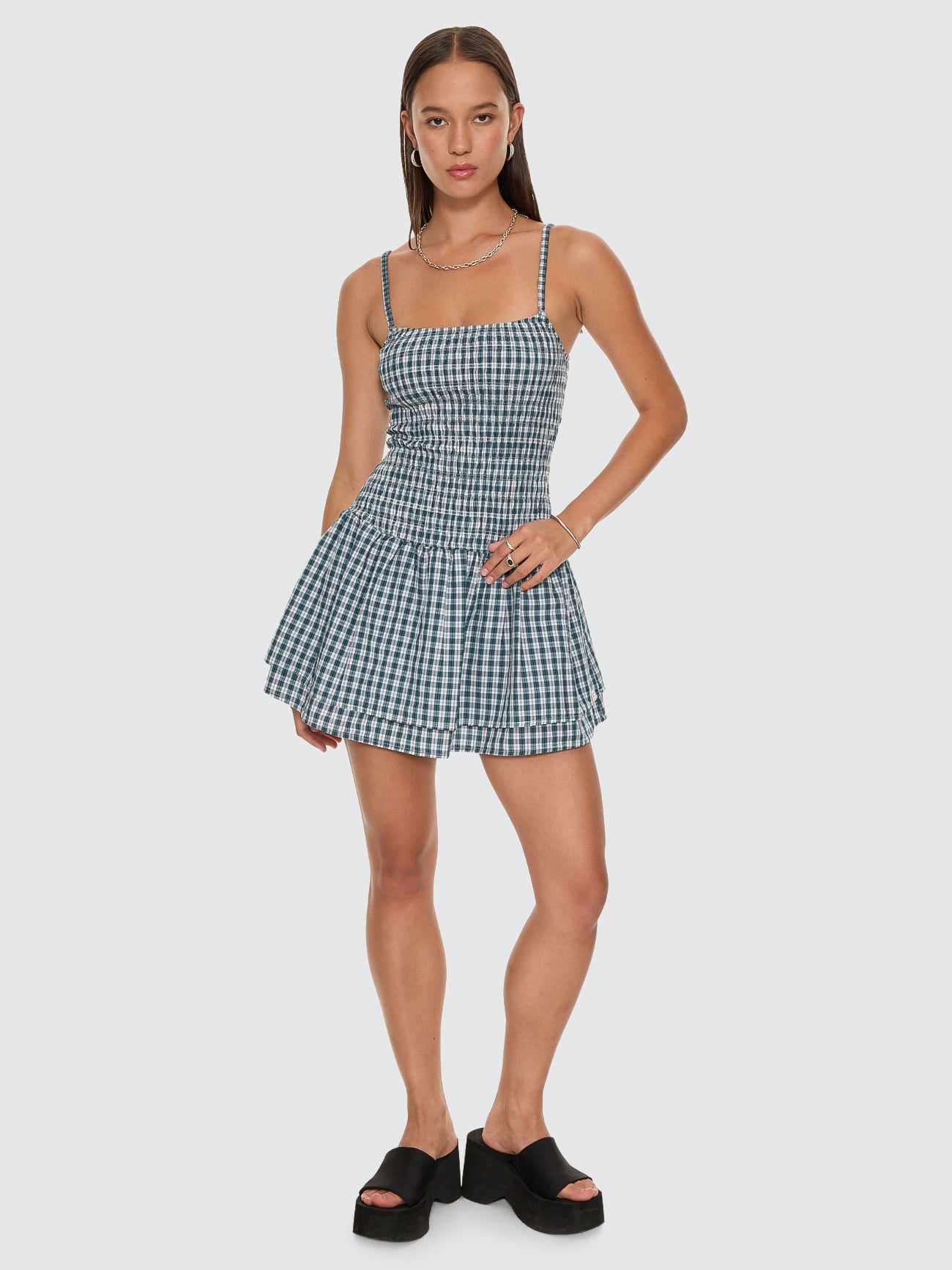 Checkmate Shirred Mini Dress - Blue