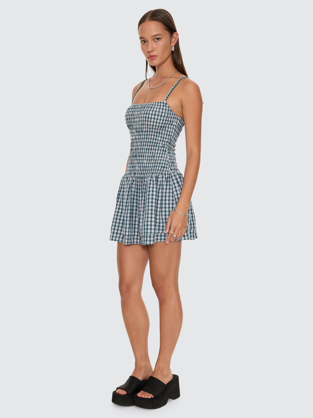 Checkmate Shirred Mini Dress - Blue