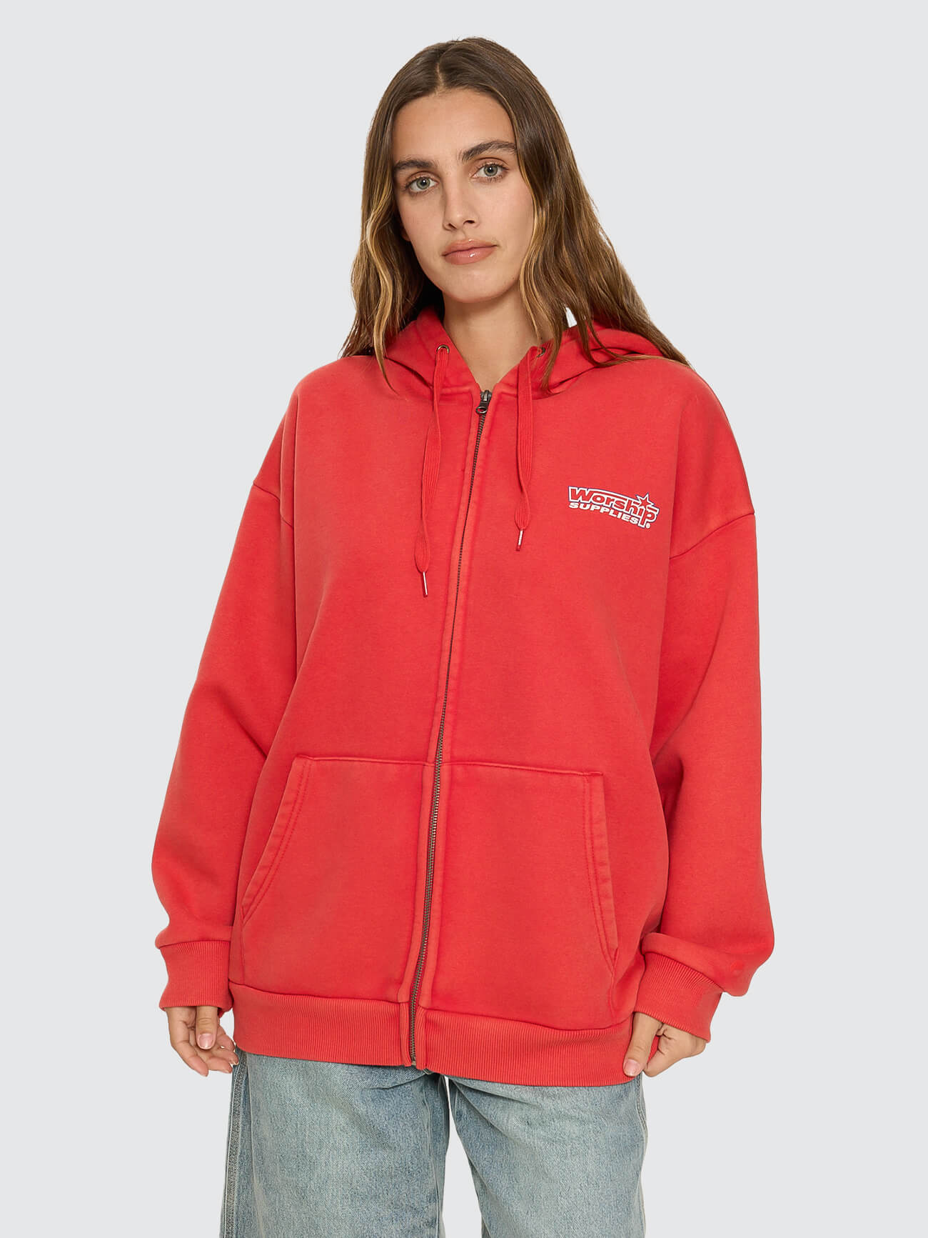 Push Off Zip Through Oversized Fit Hood - Washed Lucky Red