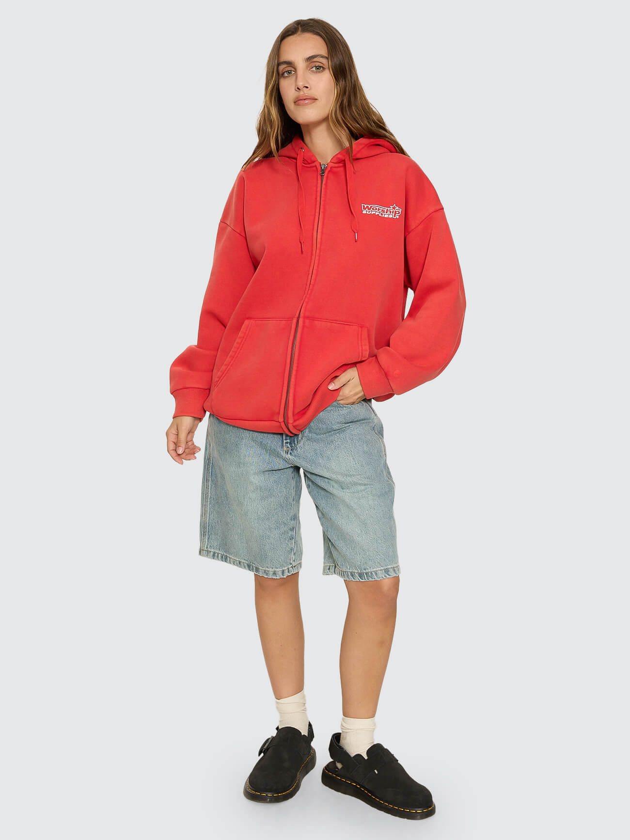 Push Off Zip Through Oversized Fit Hood - Washed Lucky Red