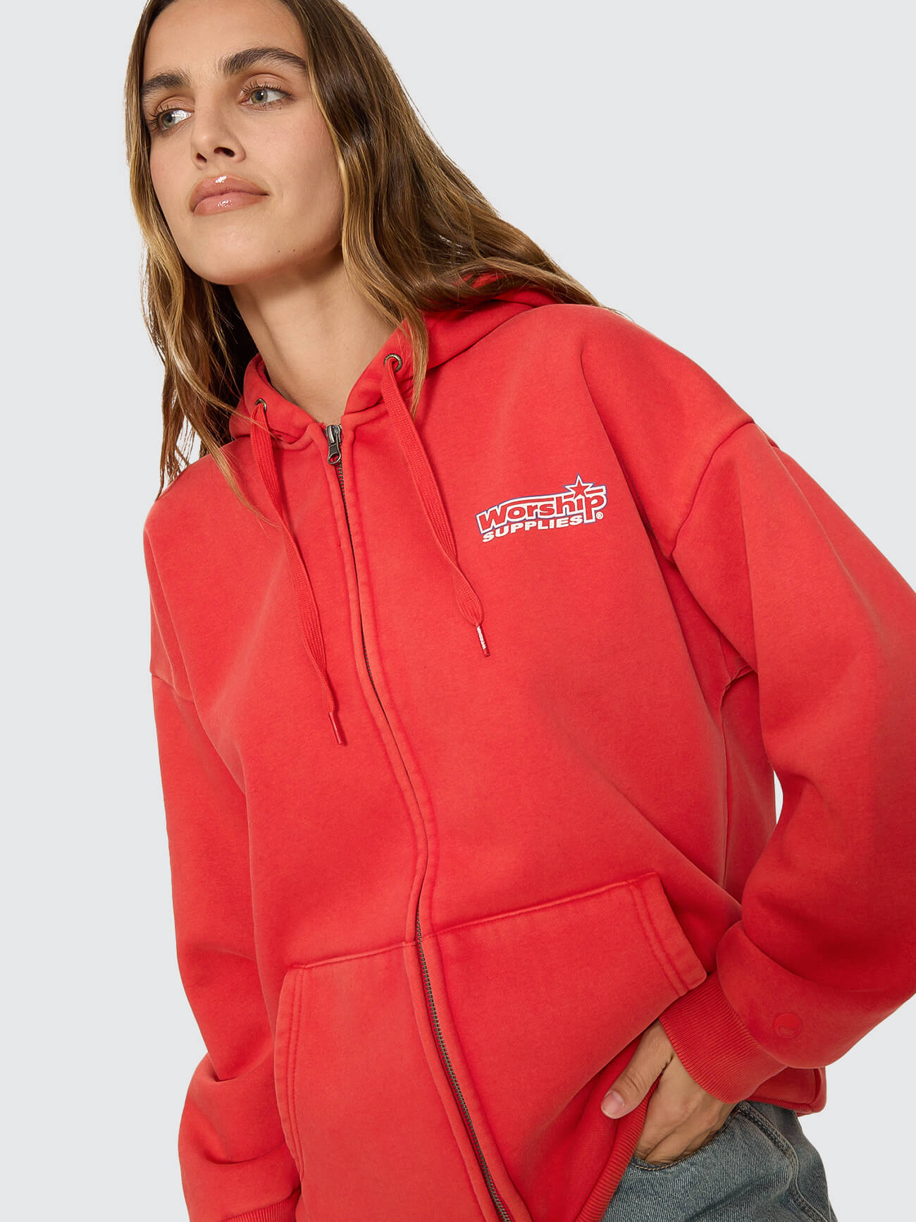 Push Off Zip Through Oversized Fit Hood - Washed Lucky Red