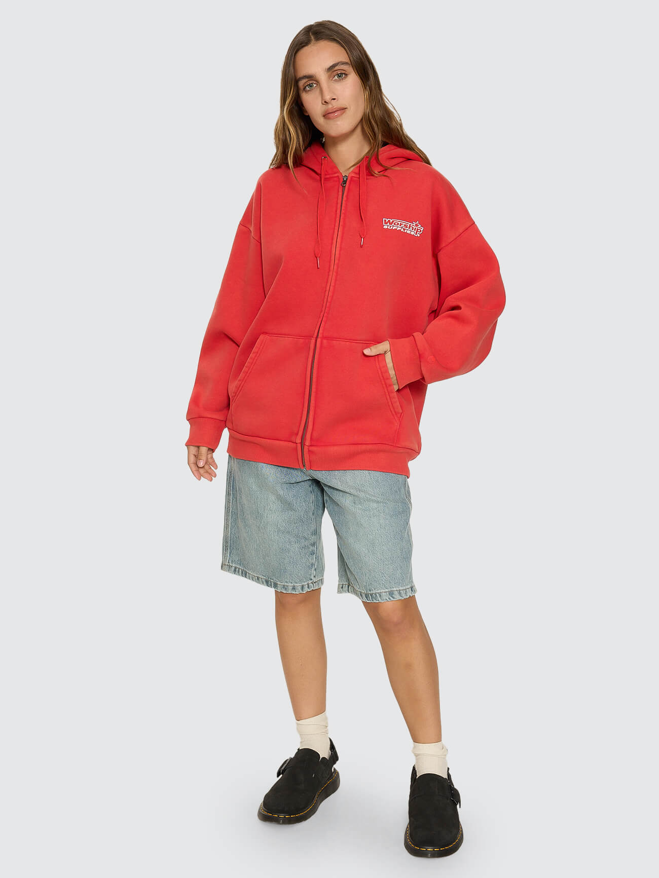Push Off Zip Through Oversized Fit Hood - Washed Lucky Red