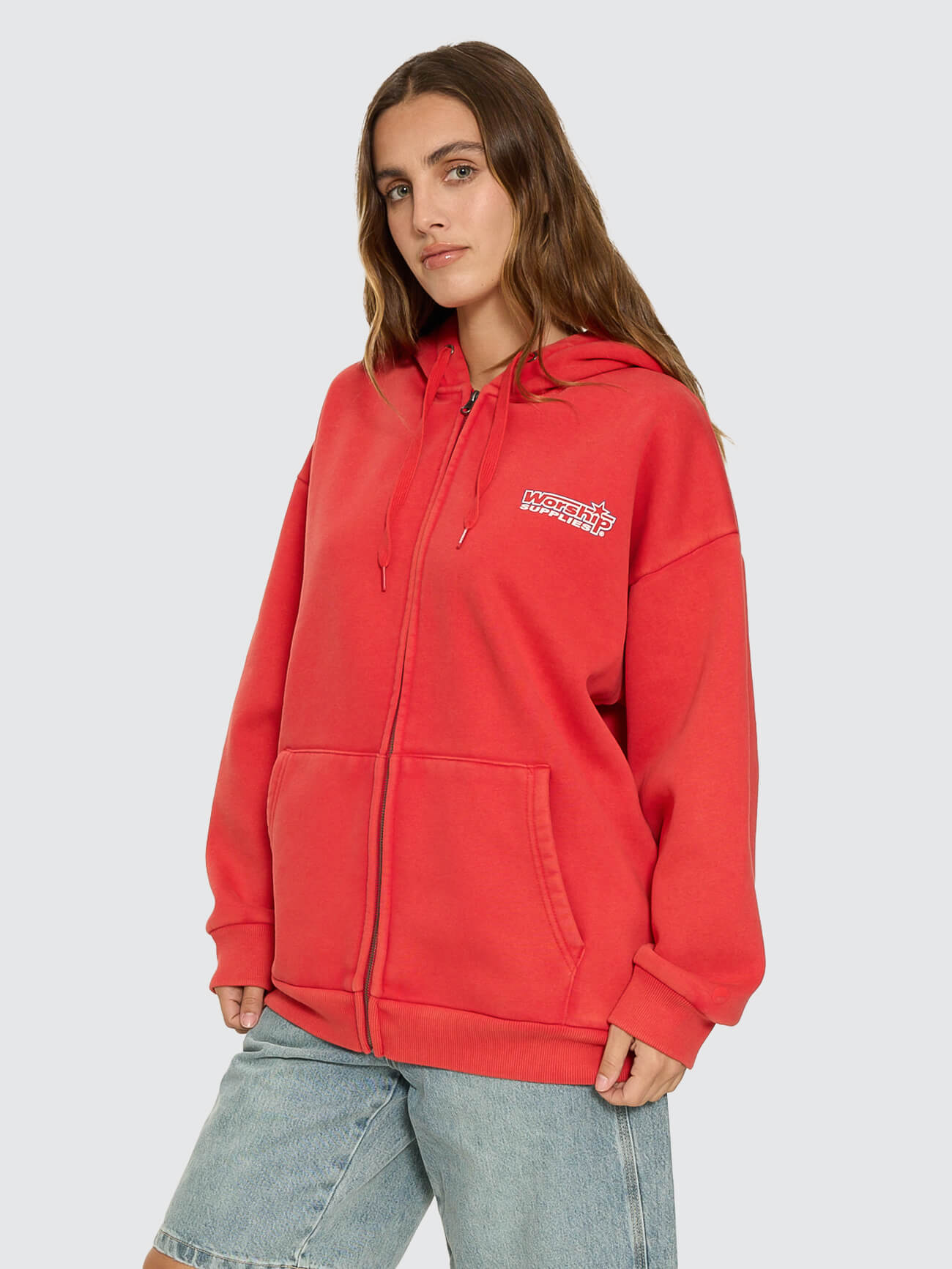 Push Off Zip Through Oversized Fit Hood - Washed Lucky Red