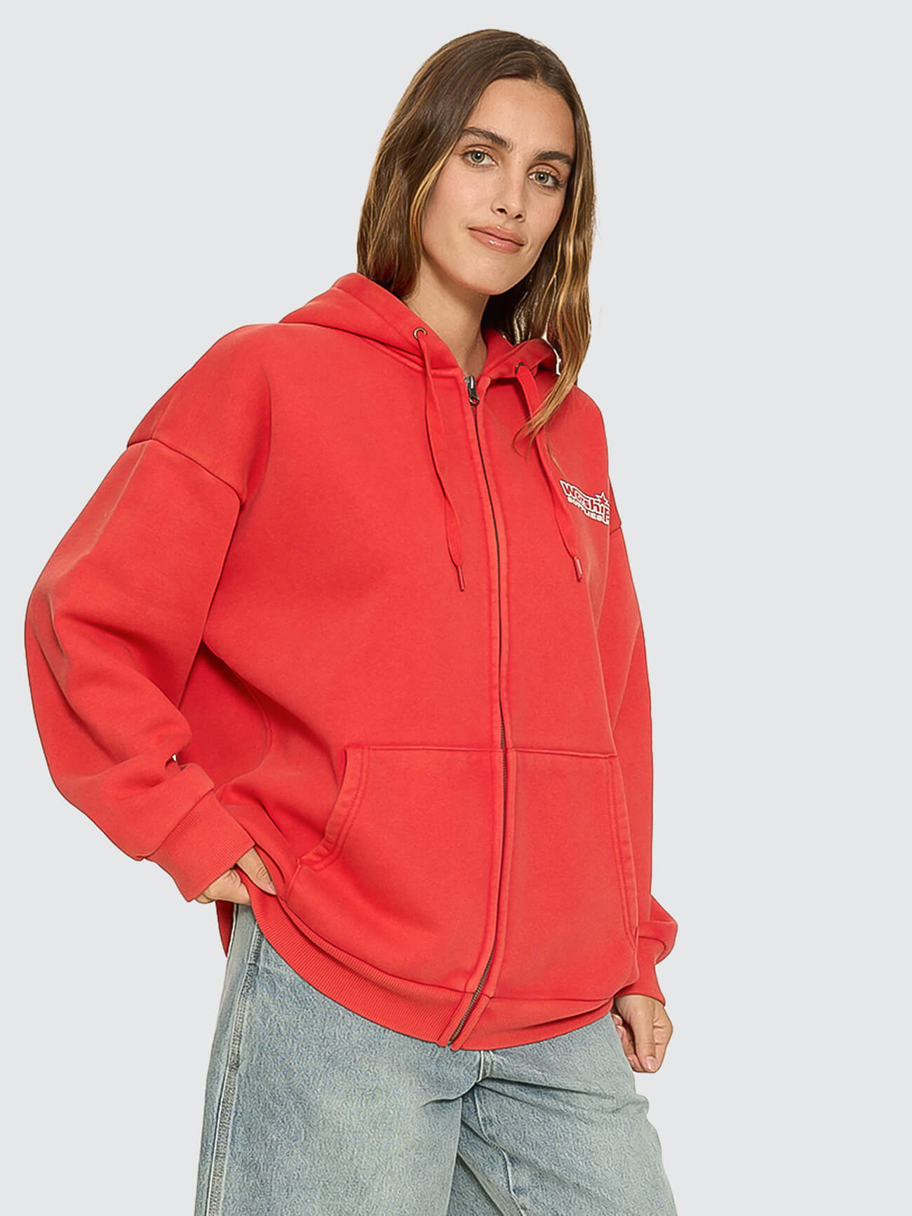 Push Off Zip Through Oversized Fit Hood - Washed Lucky Red