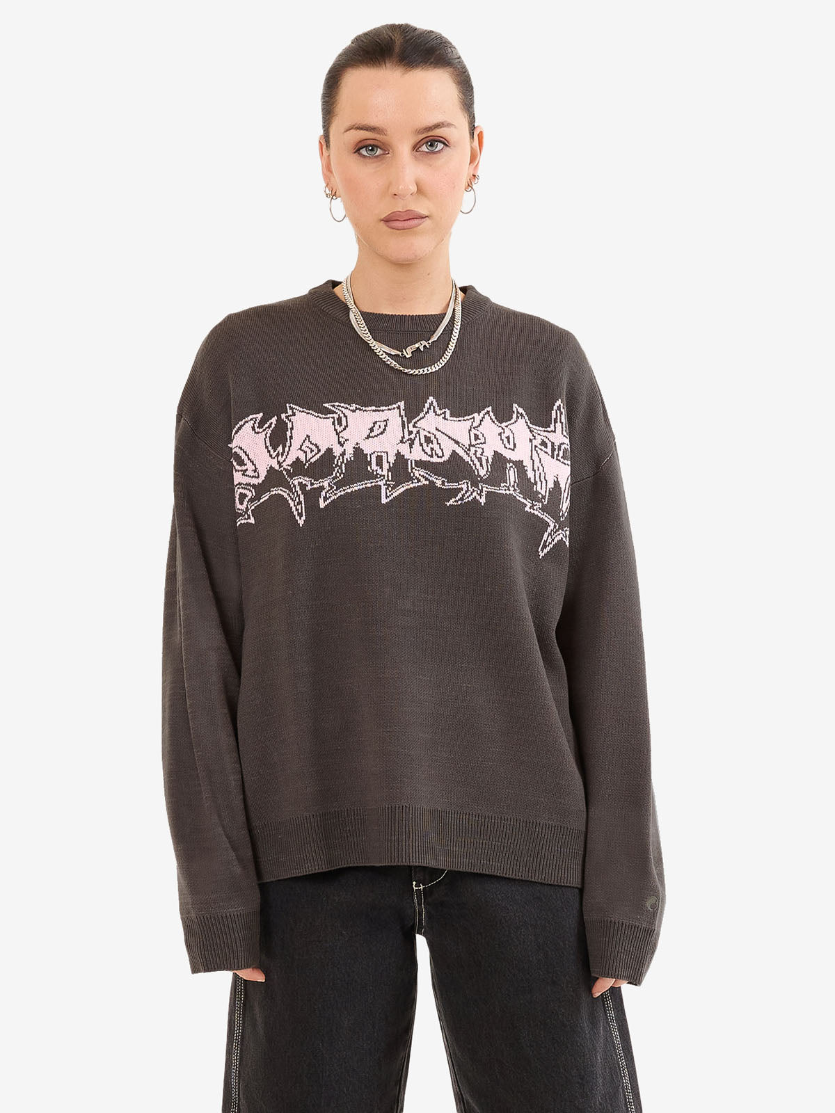 Gnasher Box Fit Crew Knit Sweater - Worn Black