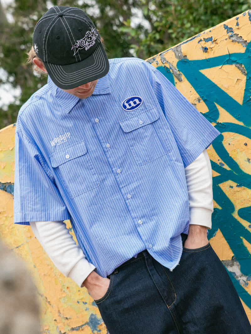 Morality Box Crop Short Sleeve Work Shirt - Light Blue