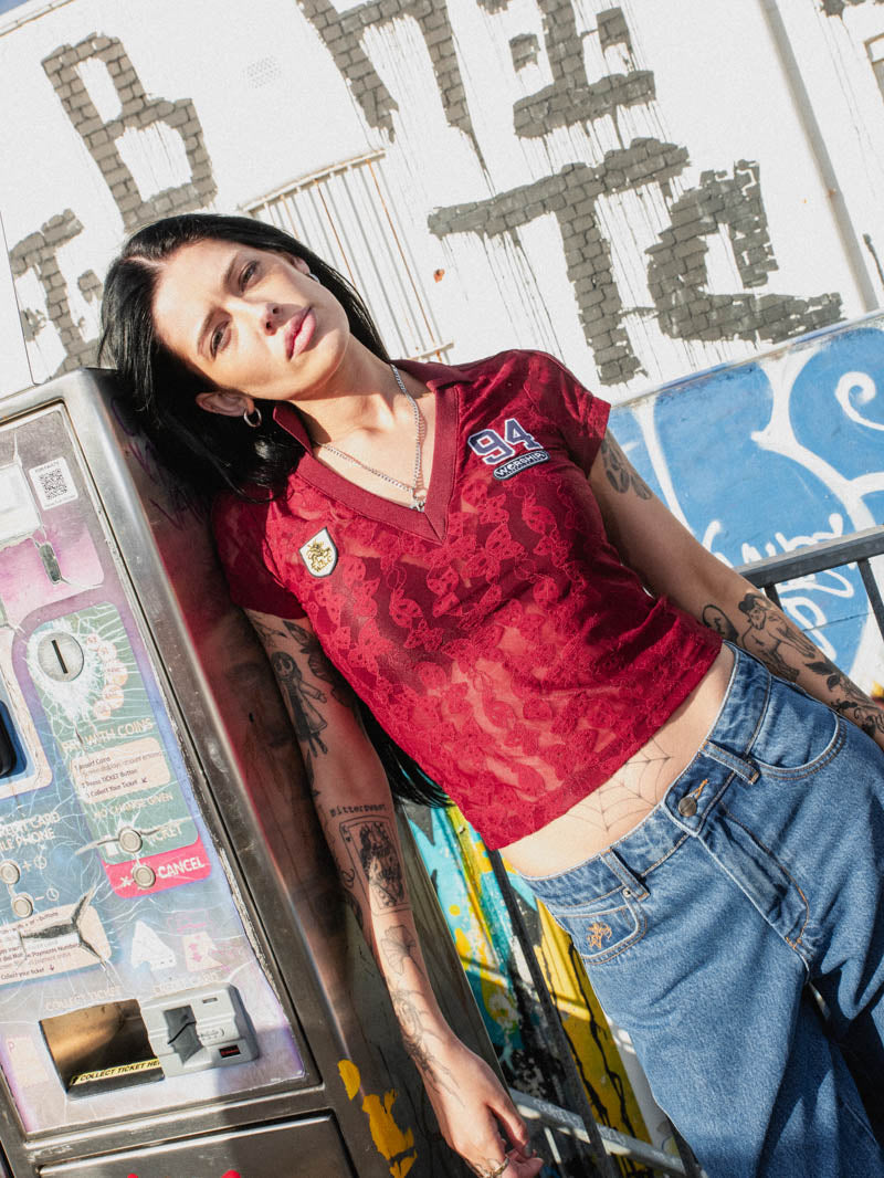 Sideline Lace Baby Polo Tee - Deep Cherry